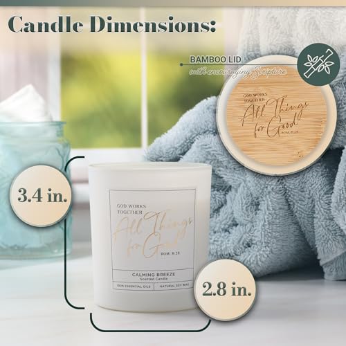 Christian Art Gifts Natural Soy Wax Inspirational Scripture Scented Candle: All Things for Good Bible Verse, Glass Jar, Bamboo Lid, Pure Essential Oils, Lead-Free Cotton Wick, Calming Breeze Scent