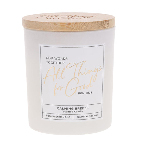 Christian Art Gifts Natural Soy Wax Inspirational Scripture Scented Candle: All Things for Good Bible Verse, Glass Jar, Bamboo Lid, Pure Essential Oils, Lead-Free Cotton Wick, Calming Breeze Scent