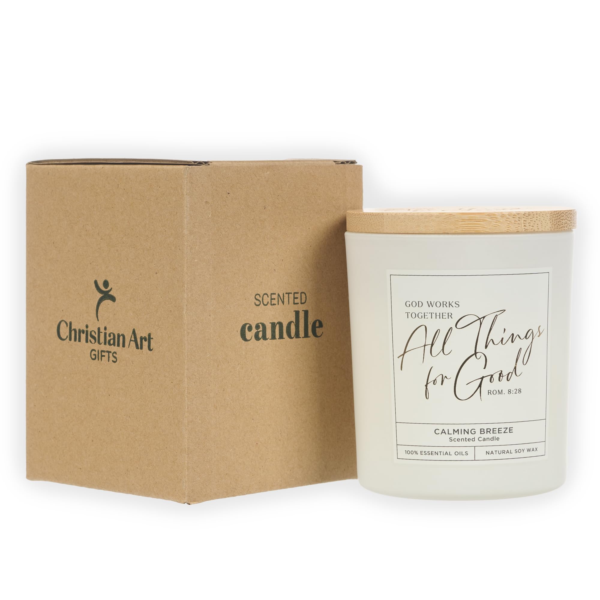 Christian Art Gifts Natural Soy Wax Inspirational Scripture Scented Candle: All Things for Good Bible Verse, Glass Jar, Bamboo Lid, Pure Essential Oils, Lead-Free Cotton Wick, Calming Breeze Scent