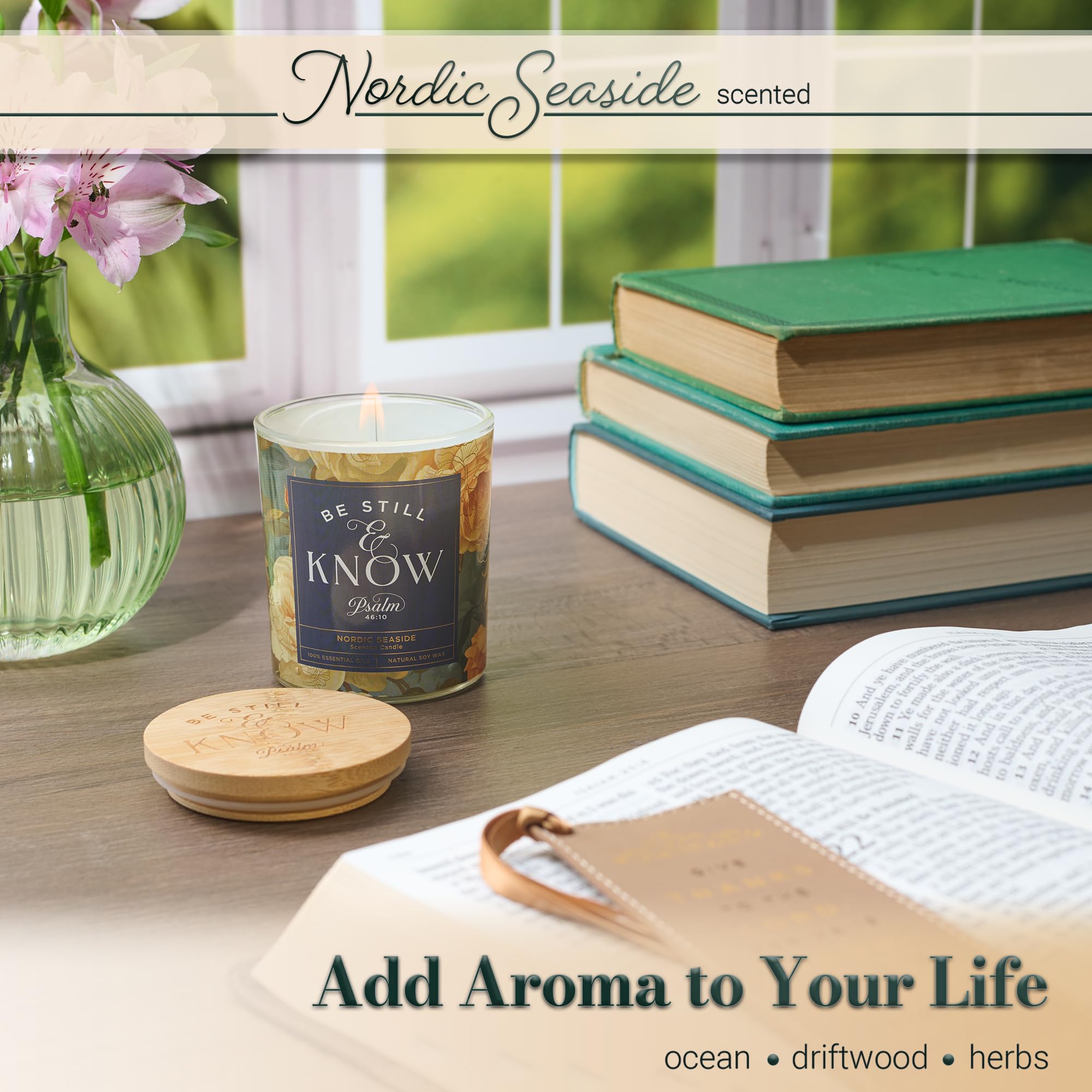 Christian Art Gifts Natural Soy Wax Inspirational Scripture Scented Candle: All Things for Good Bible Verse, Glass Jar, Bamboo Lid, Pure Essential Oils, Lead-Free Cotton Wick, Calming Breeze Scent