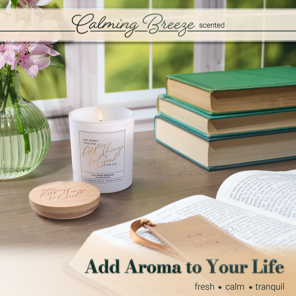 Christian Art Gifts Natural Soy Wax Inspirational Scripture Scented Candle: All Things for Good Bible Verse, Glass Jar, Bamboo Lid, Pure Essential Oils, Lead-Free Cotton Wick, Calming Breeze Scent