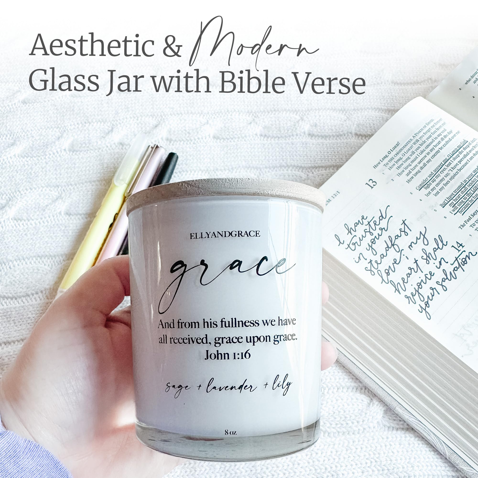 Elly & Grace - Scented Glass Soy Candle with Inspirational Bible Verse - Christian Gifts for Home Thinking of You Gifts for Women Candles