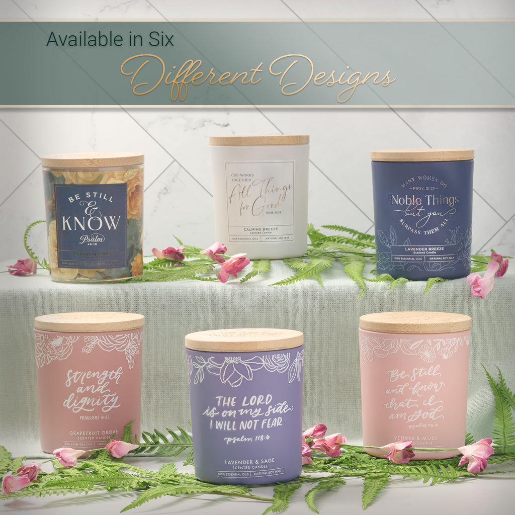 Christian Art Gifts Natural Soy Wax Inspirational Scripture Scented Candle: All Things for Good Bible Verse, Glass Jar, Bamboo Lid, Pure Essential Oils, Lead-Free Cotton Wick, Calming Breeze Scent